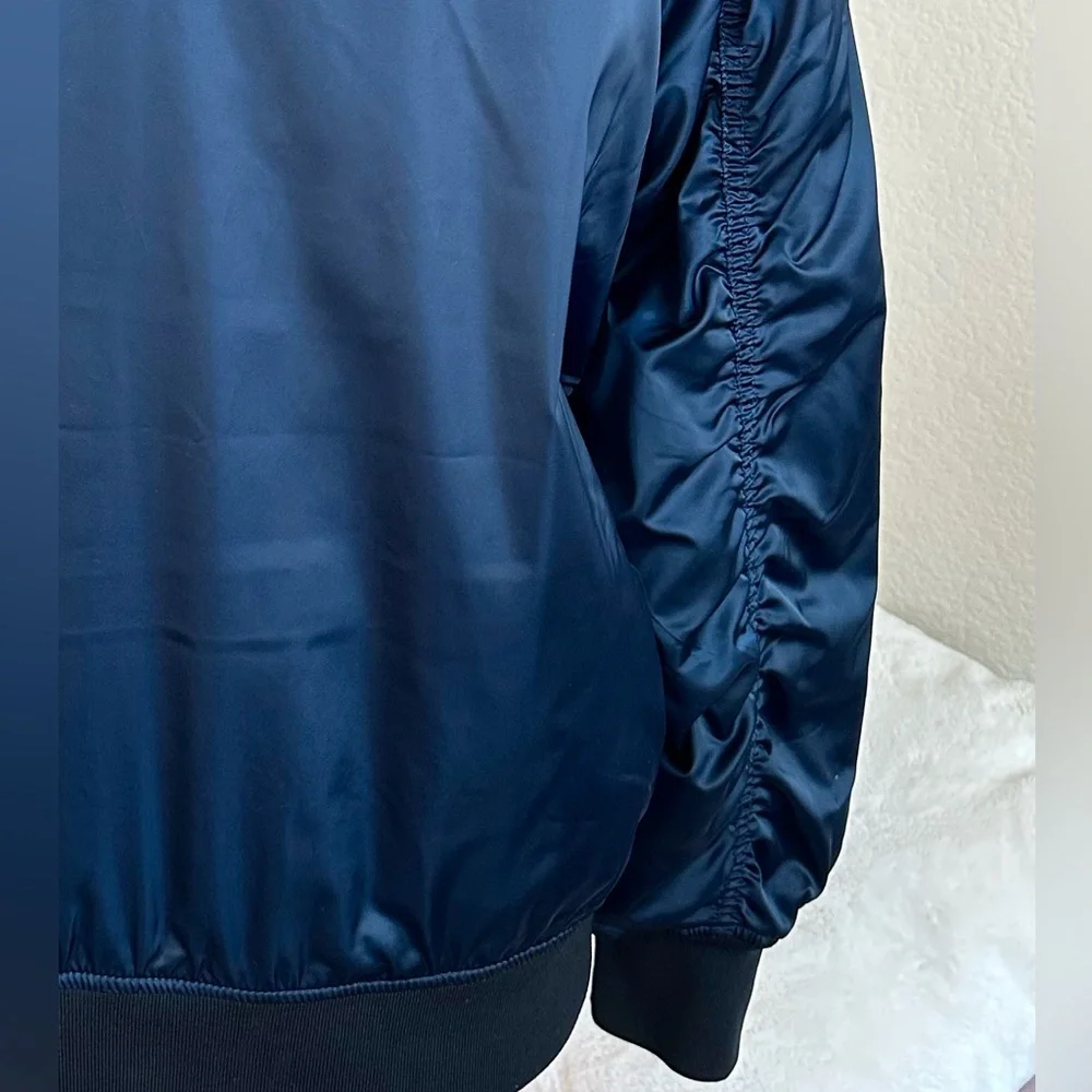 Tory Burch Bomber Jacket Deep Blue Sheen Tory Sport Zipper Pull Oversized Sz XS